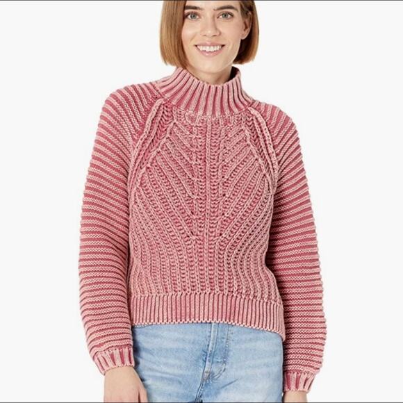 Free People Sweetheart Mock Neck Pink Sweater Size XS Jumper Chunky Knit Boho - Picture 1 of 10